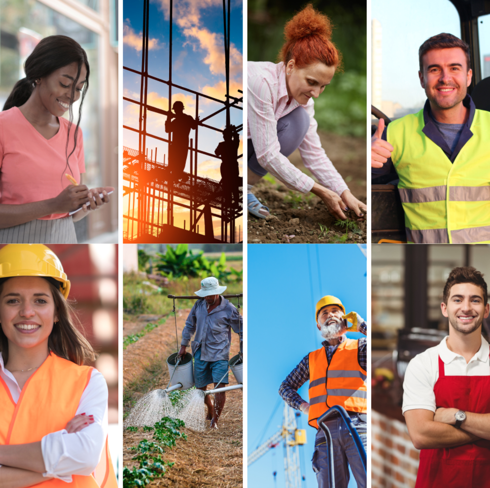 a grid of 8 photos of workers